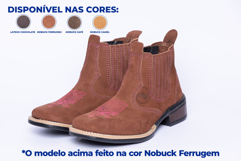 Botina Texana com Bordado Rosa – Estilo, Elegância e Conforto em Um Só Calçado